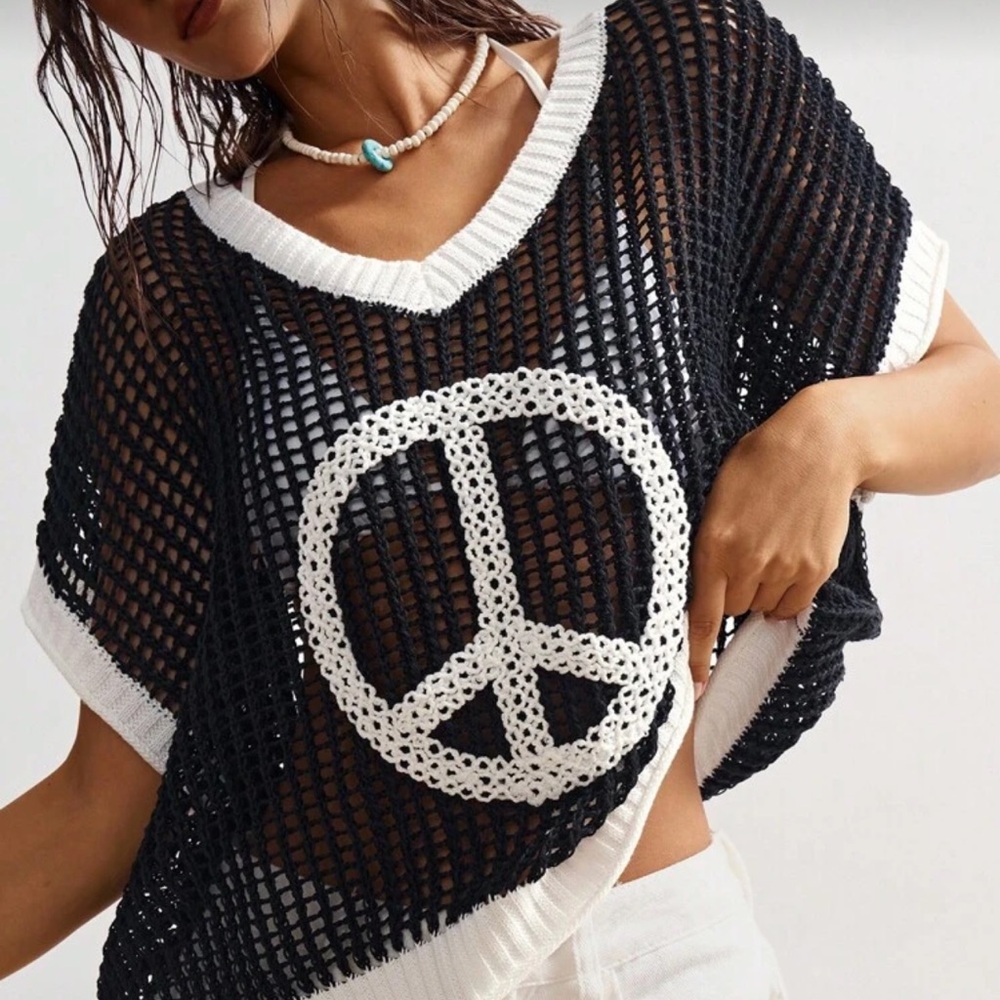 Bohemian Black Crochet Oversized Peace Sign Sweater S M L